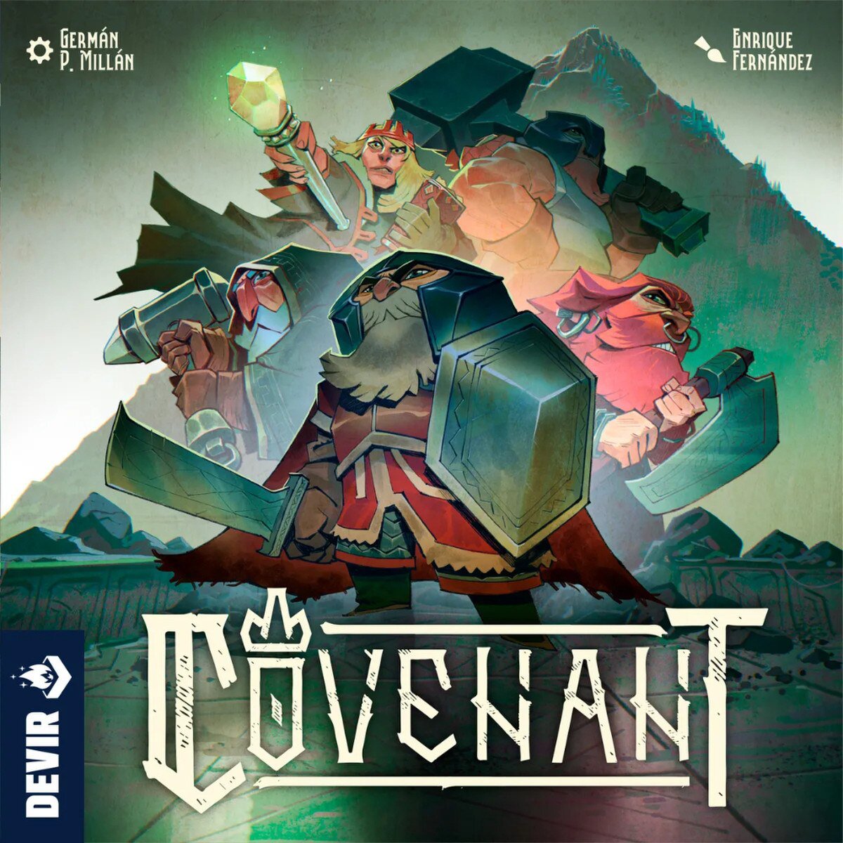 Covenant board game box front showing a fantasy dwarf strategy game by Devir with clan warriors and mountain artwork