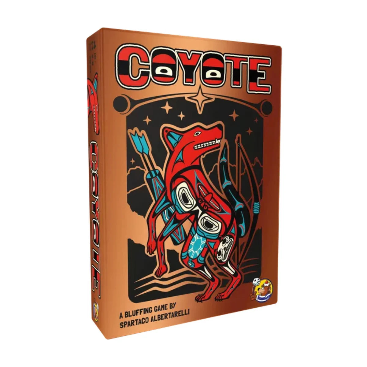 Coyote bluffing card game box front with bold red coyote artwork and copper-toned design