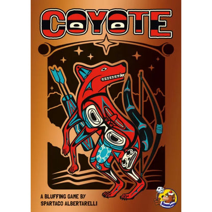 Close-up of Coyote bluffing card game cover art with stylised red coyote and copper background