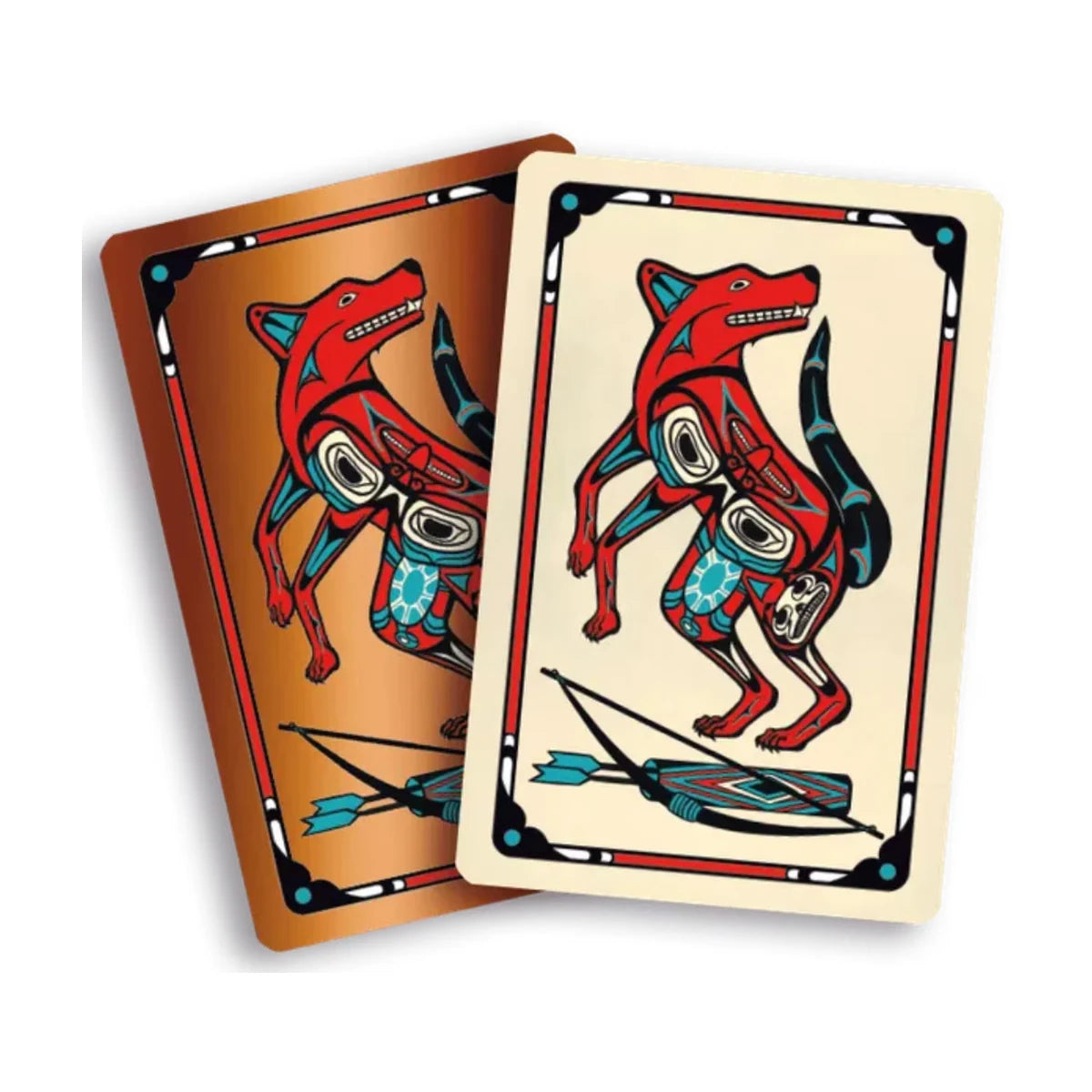 Coyote bluffing card game card artwork featuring red coyote illustrations and traditional-inspired graphic design