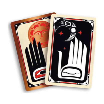 Coyote card game artwork showing stylised hand symbol cards with moon and sun designs