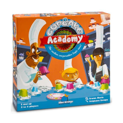 Cupcake Academy cooperative board game box front with pastry chefs and colourful cupcake cups
