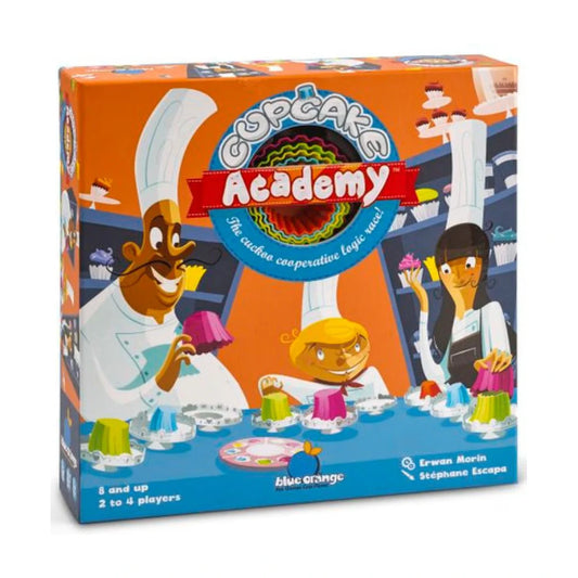 Cupcake Academy cooperative board game box front with pastry chefs and colourful cupcake cups
