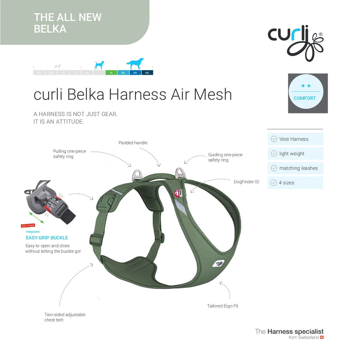 curli Belka Harness Air Mesh features diagram showing integrated easy grip buckle, padded handle, safety rings, adjustable chest belt, tailored ergo fit and DogFinder ID (moss green)
