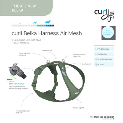 curli Belka Harness Air Mesh features diagram showing integrated easy grip buckle, padded handle, safety rings, adjustable chest belt, tailored ergo fit and DogFinder ID (moss green)