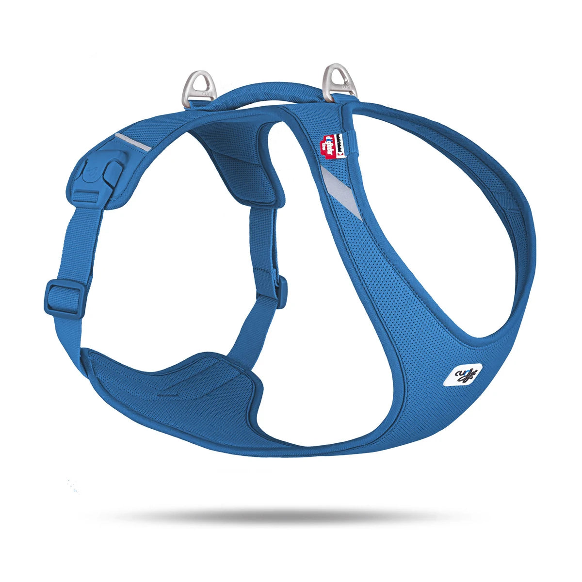 Curli Belka Comfort Air Mesh dog harness in blue, breathable mesh and choke free fit, studio photo on white background.
