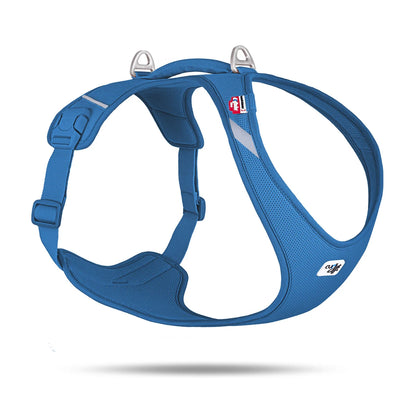 Curli Belka Comfort Air Mesh dog harness in blue, breathable mesh and choke free fit, studio photo on white background.