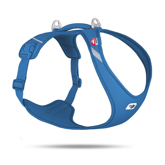 Curli Belka Comfort Air Mesh dog harness in blue, breathable mesh and choke free fit, studio photo on white background.