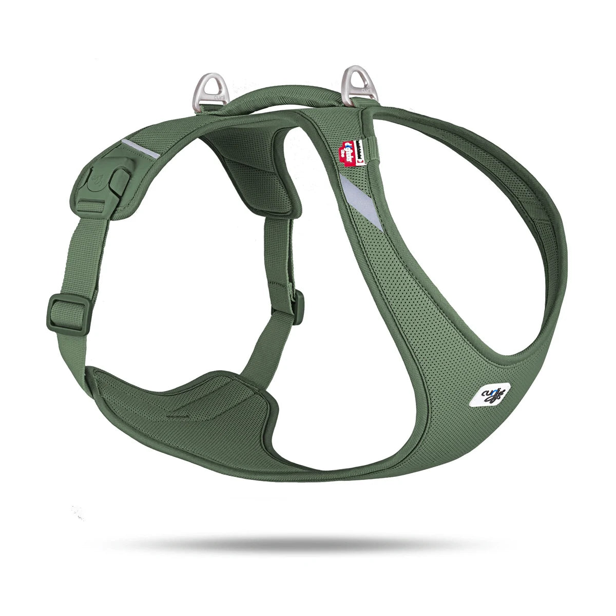 Curli Belka Comfort Air Mesh dog harness in moss green, comfortable ergonomic vest harness for large dogs, studio image.