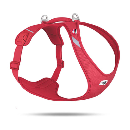 Curli Belka Comfort Air Mesh dog harness in red, choke free comfort harness with reflective details, studio product photo.