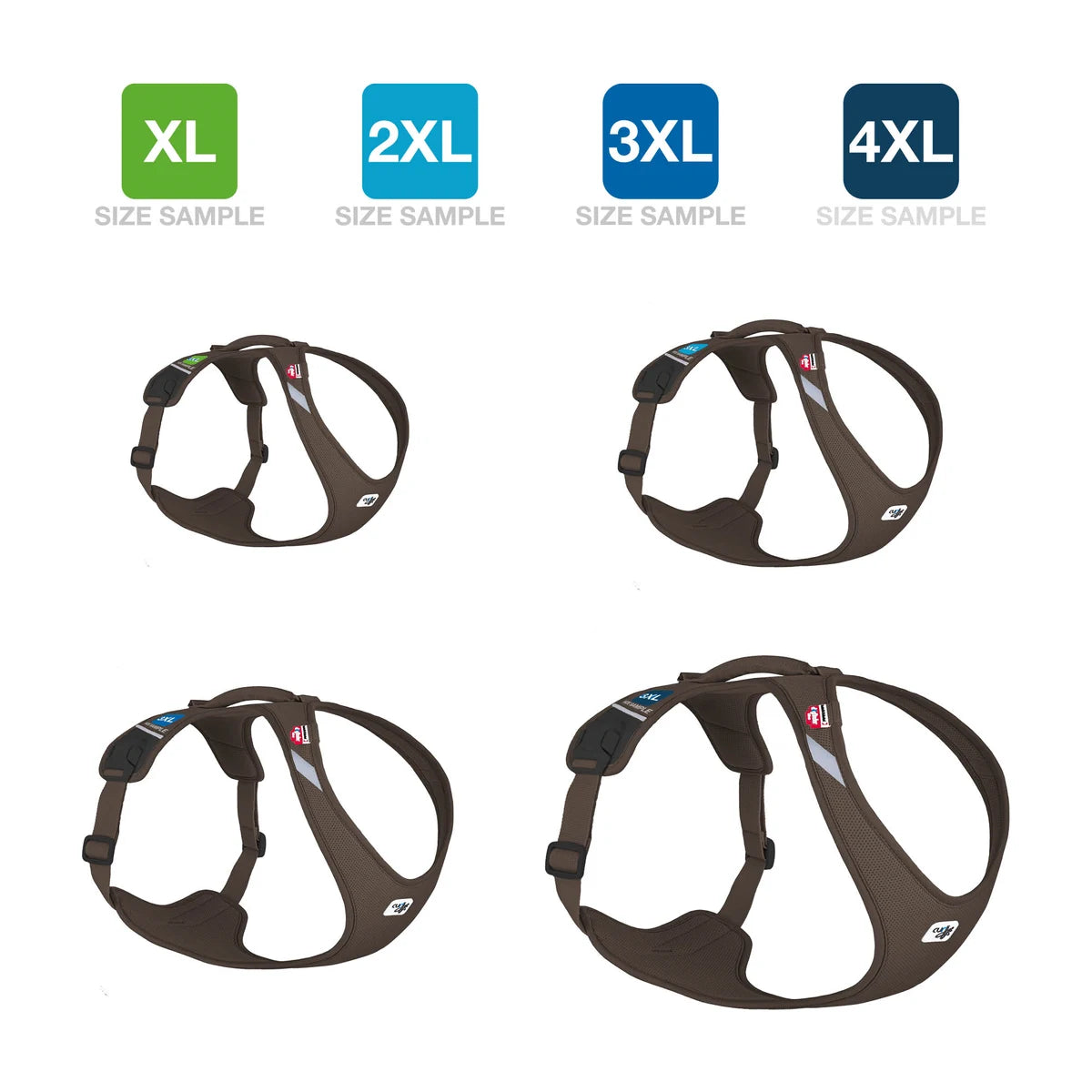 Curli Belka Comfort Air Mesh harness size guide showing XL 2XL 3XL and 4XL size options.