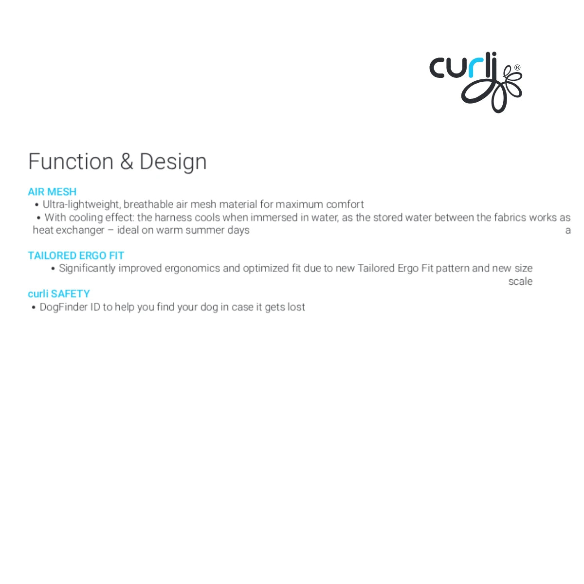 Function and design of curli Belka Harness Air Mesh showing breathable air mesh tailored ergo fit and DogFinder ID safety