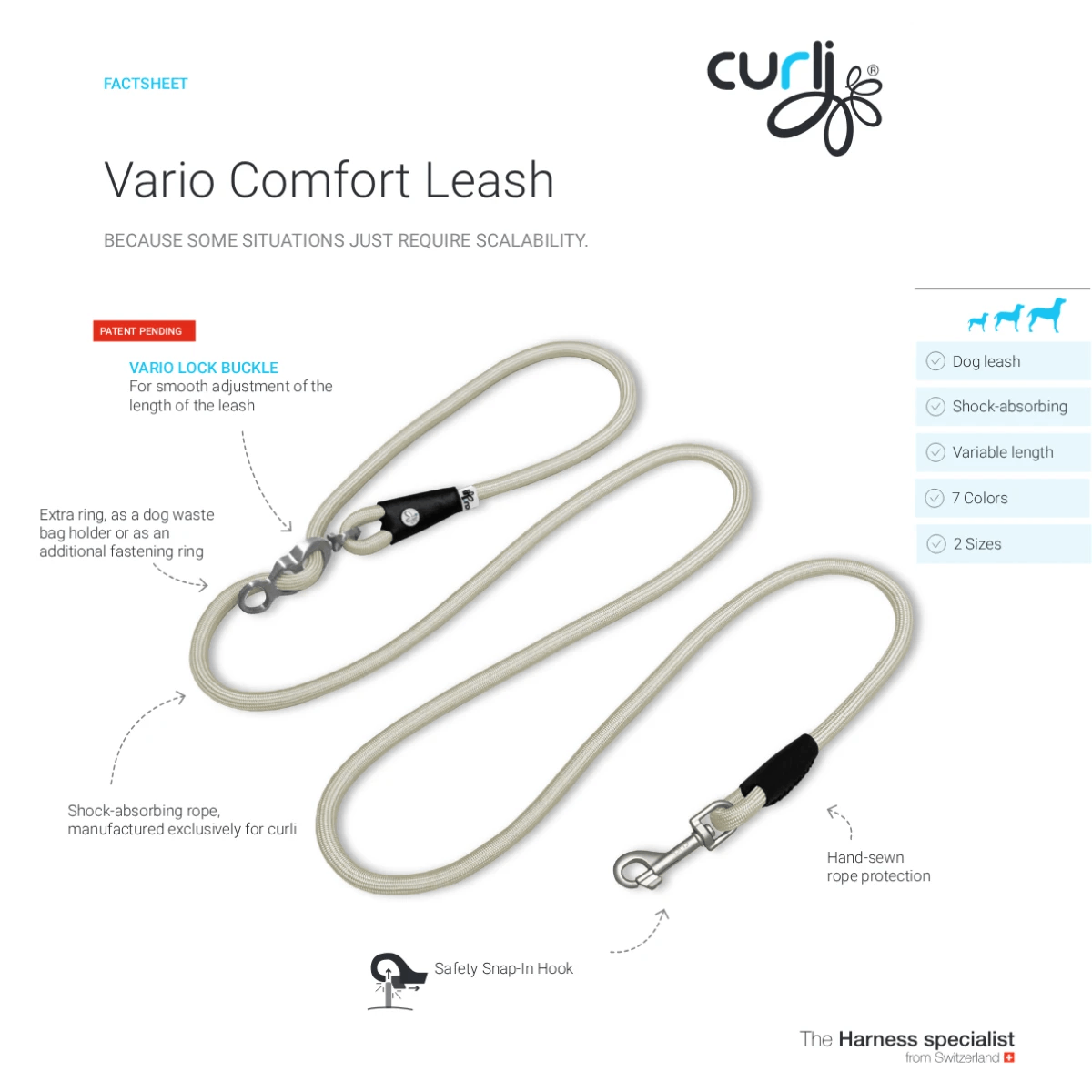 curli Vario Comfort Leash factsheet cover showing premium adjustable rope dog leash overview