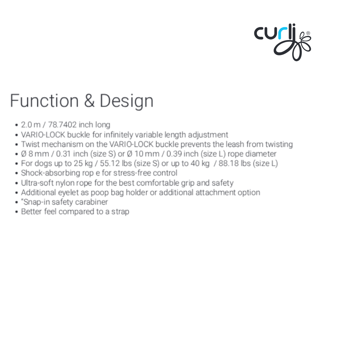 curli Vario Comfort Leash function and design infographic showing length, sizes, rope diameter, weight guidance and comfort features
