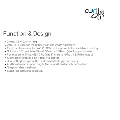 curli Vario Comfort Leash function and design infographic showing length, sizes, rope diameter, weight guidance and comfort features