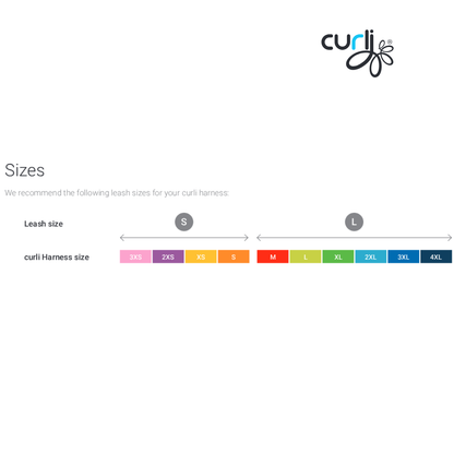 curli Vario Comfort Leash size guide infographic showing Small and Large leash size recommendations by curli harness size