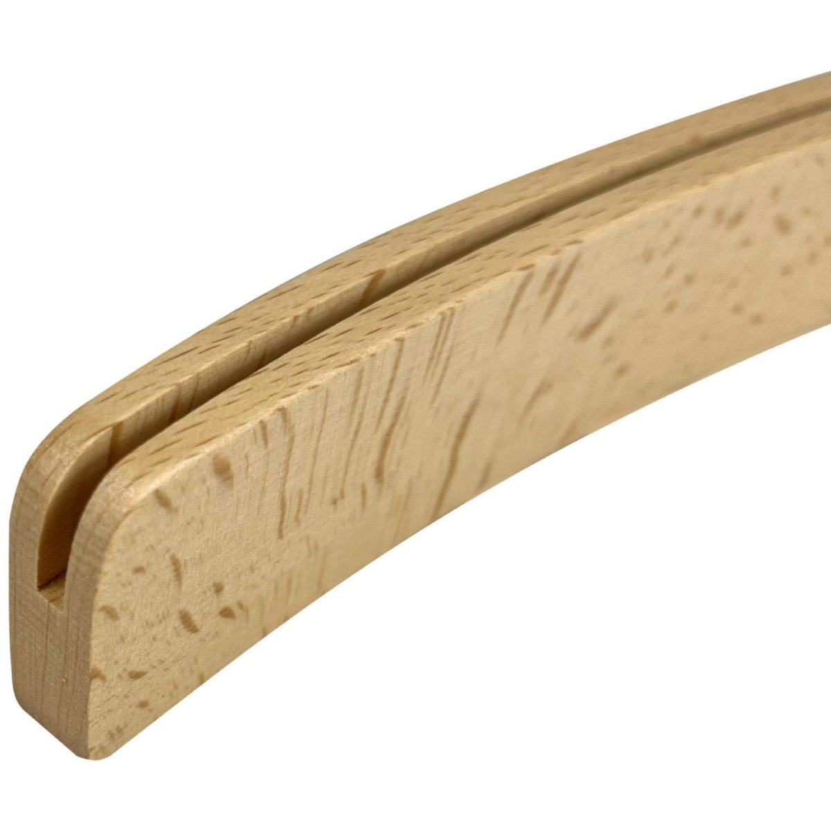 Close-up of the wooden card slot on the curved playing card base