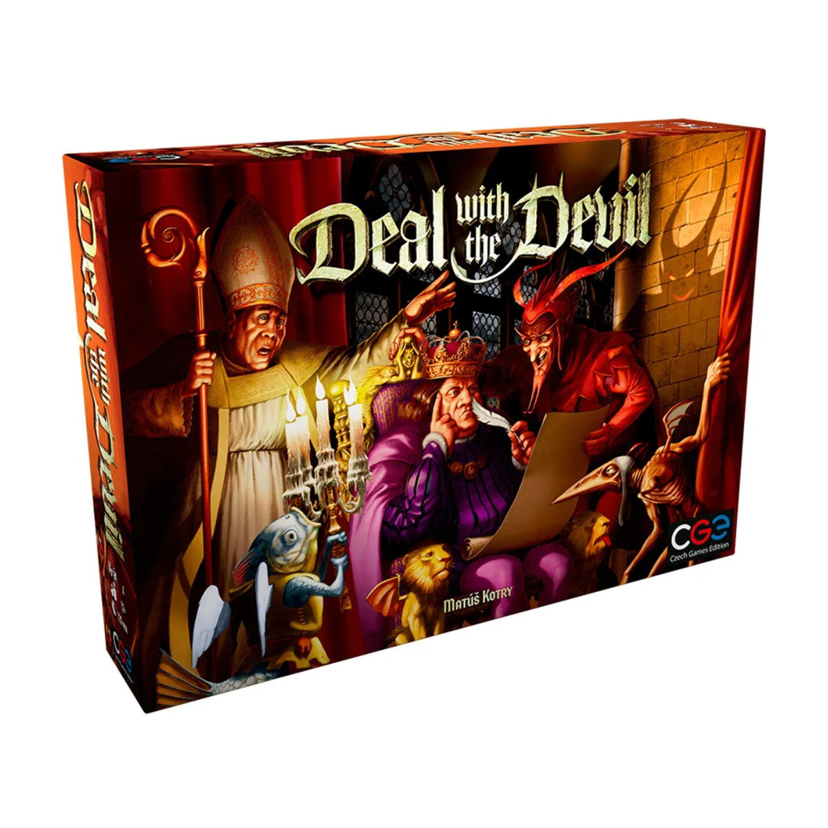 Deal with the Devil board game angled box for a 4 player hidden role medieval eurogame by Czech Games Edition
