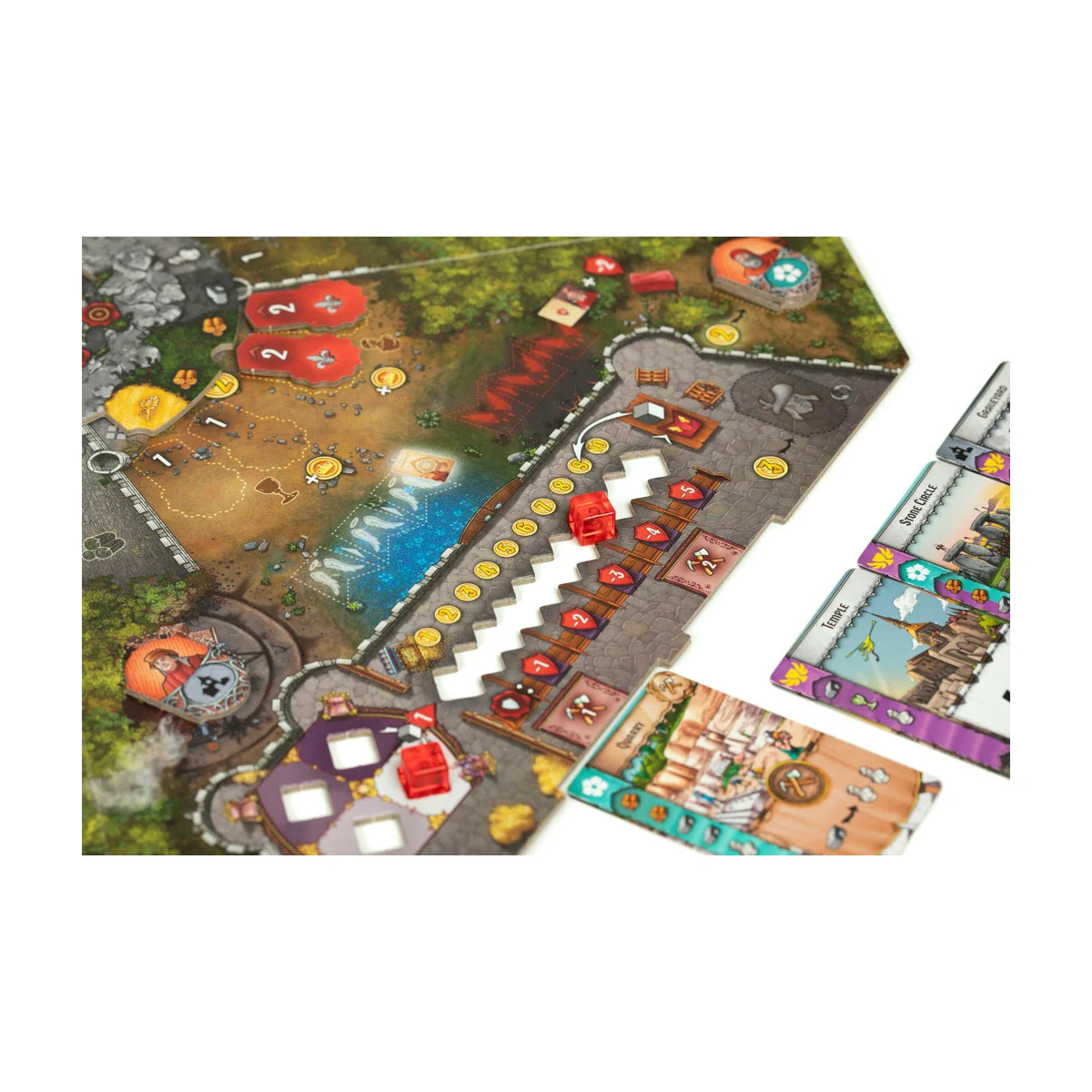 Deal with the Devil board game close-up showing medieval city building board, resource tracks, building cards and hidden role eurogame gameplay