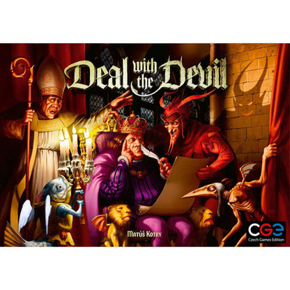 Deal with the Devil board game front cover artwork showing fantasy medieval hidden role strategy game characters