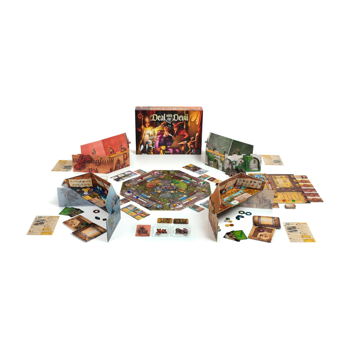 Deal with the Devil board game full table setup showing player screens, secret chests, cards, boards and medieval hidden role gameplay components