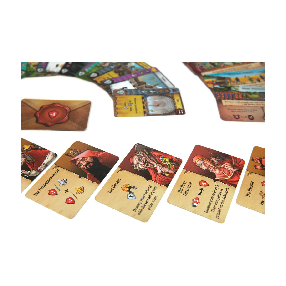 Deal with the Devil board game card close-up showing Inquisitor cards, building cards and secret deal components for app-assisted hidden role play