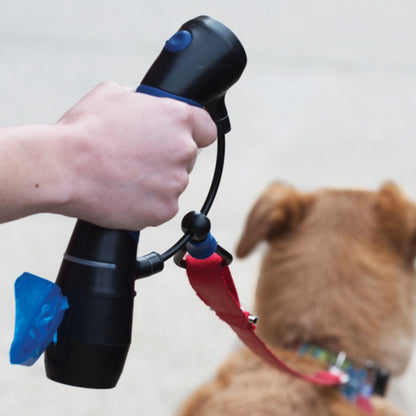 DGS Gismo dog leash handle showing leash carabiner connection and integrated poop bag dispenser