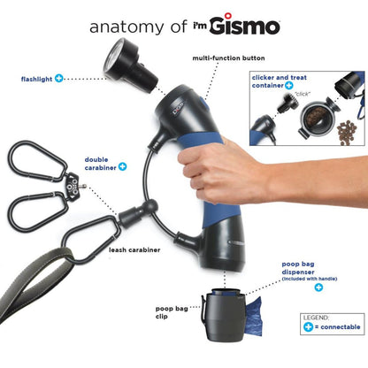 DGS Gismo dog leash handle system showing leash carabiner, poop bag dispenser, bag clip and compatible connectables