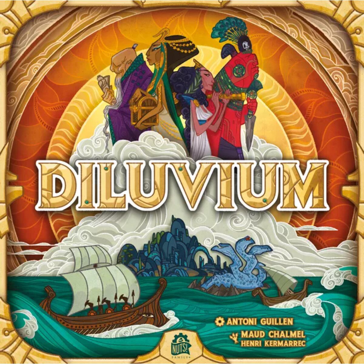 Diluvium light 4X strategy board game cover art with ancient civilizations, ships and flooded island world theme