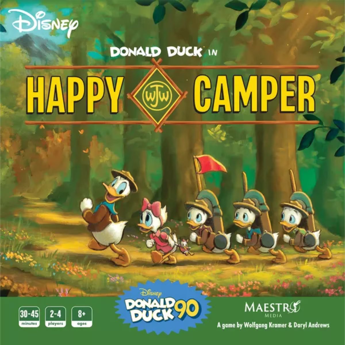 Disney Donald Duck in Happy Camper board game front cover with Donald Duck and troop camping in the forest