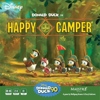 Disney Donald Duck in Happy Camper board game front cover with Donald Duck and troop camping in the forest