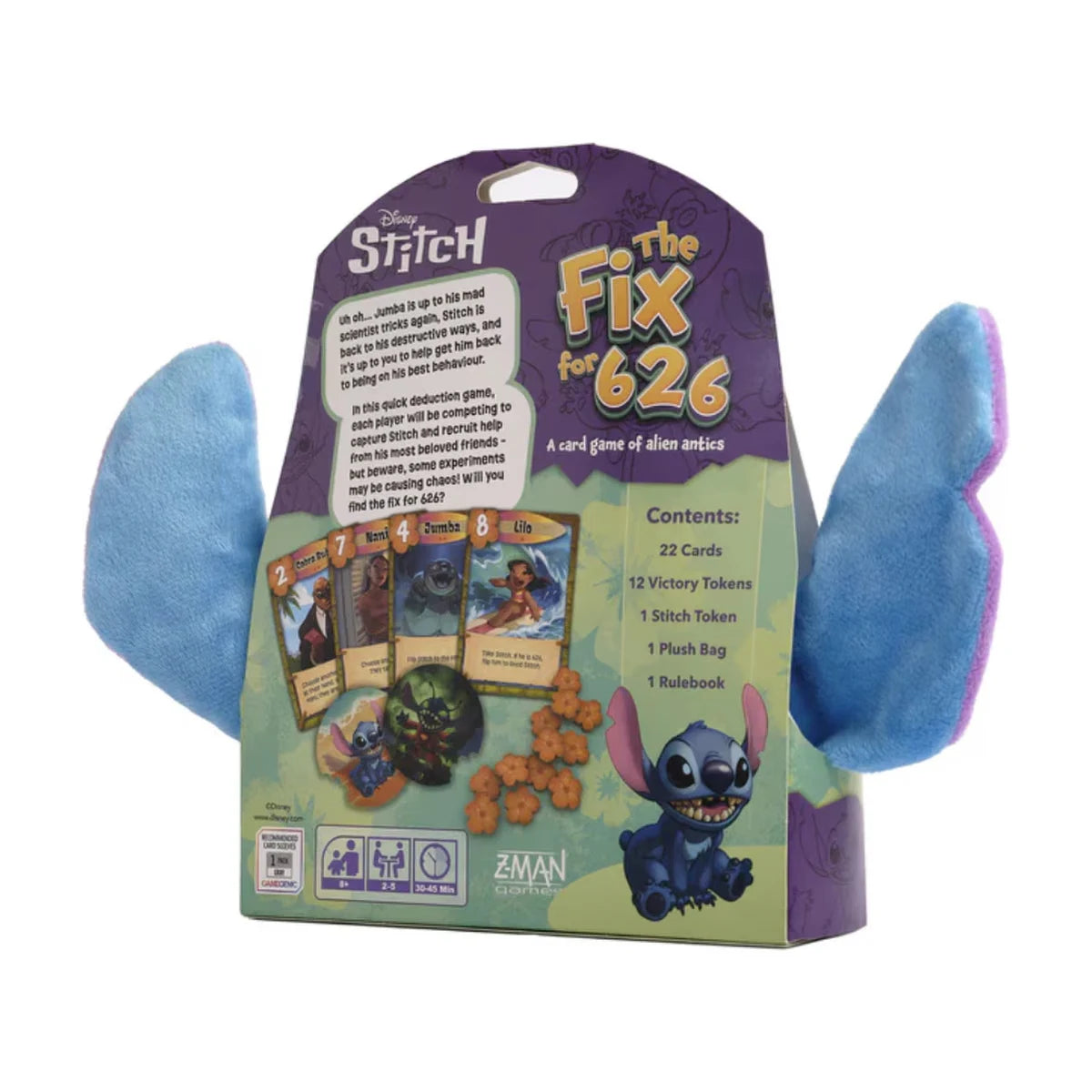 Back of Disney Stitch The Fix for 626 box showing contents cards tokens plush bag and game details