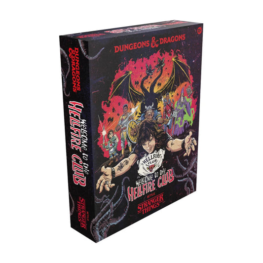 Angled side view of the Dungeons & Dragons Stranger Things Welcome to the Hellfire Club adventure game box
