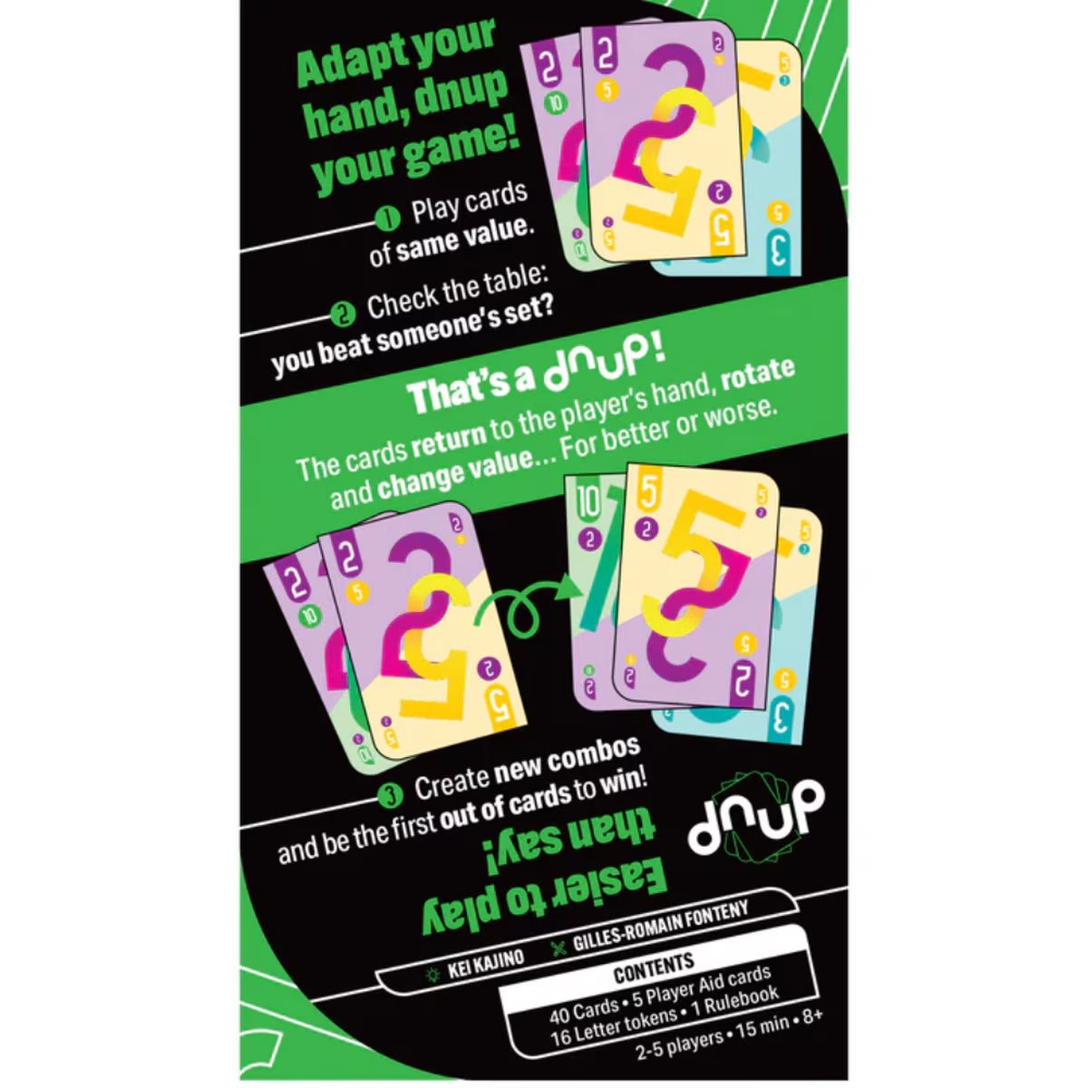 Back of dnup card game box showing set building, rotating card values and gameplay examples