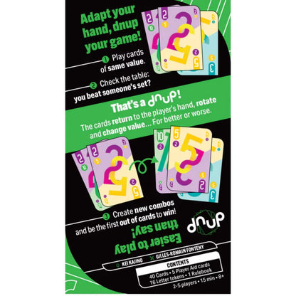 Back of dnup card game box showing set building, rotating card values and gameplay examples