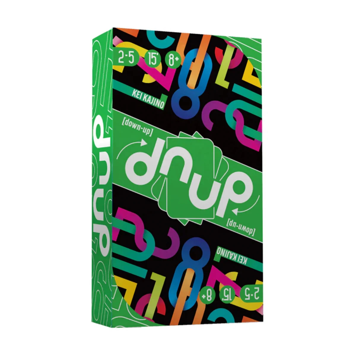 dnup card game box by Space Cowboys featuring colourful rotating number card artwork