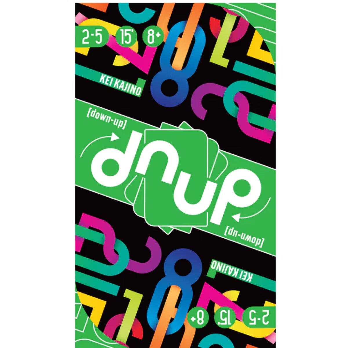 dnup card game front cover by Space Cowboys with colourful number graphics and 2–5 player game details