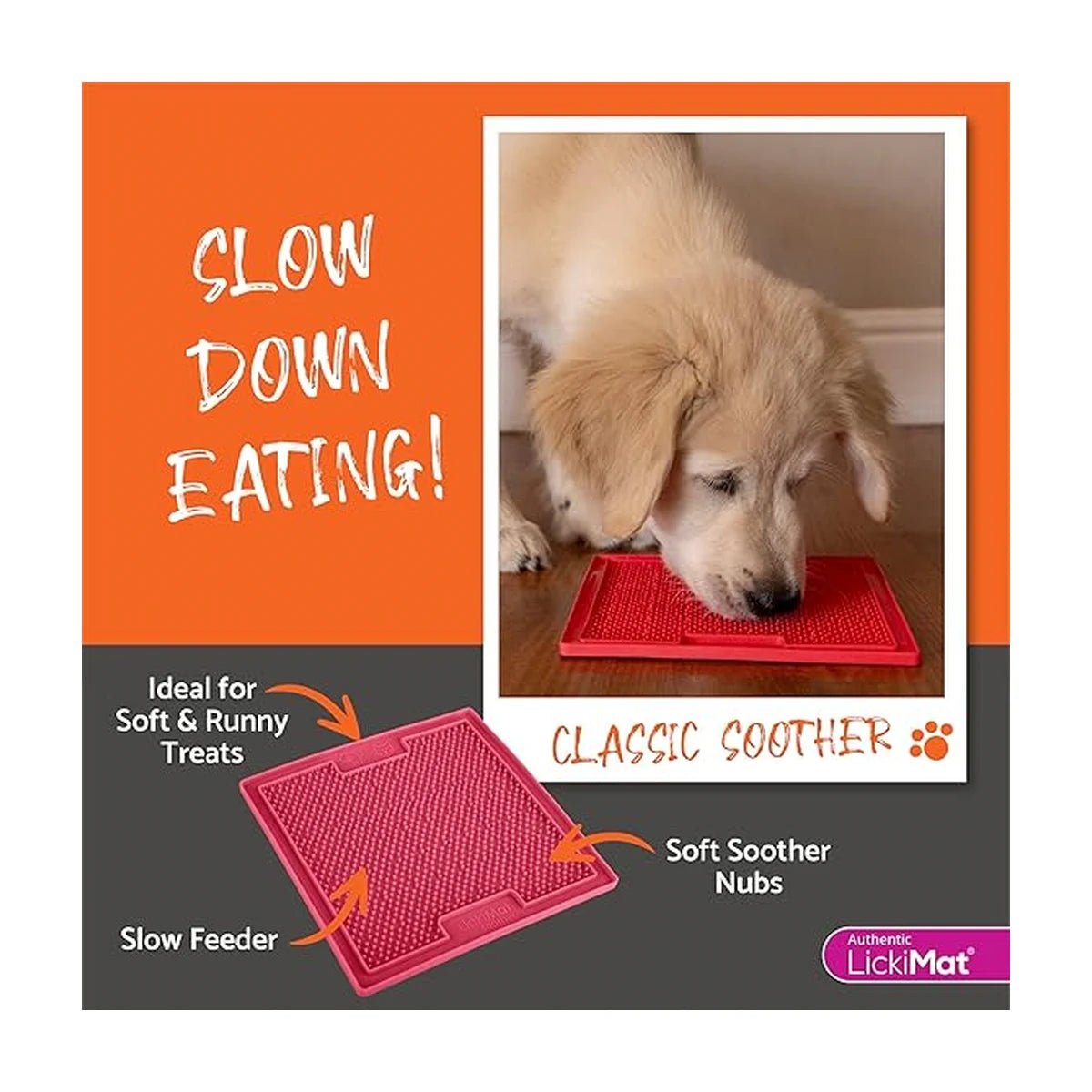 Dog using a LickiMat Classic Soother lick mat to slow eating and provide calming enrichment
