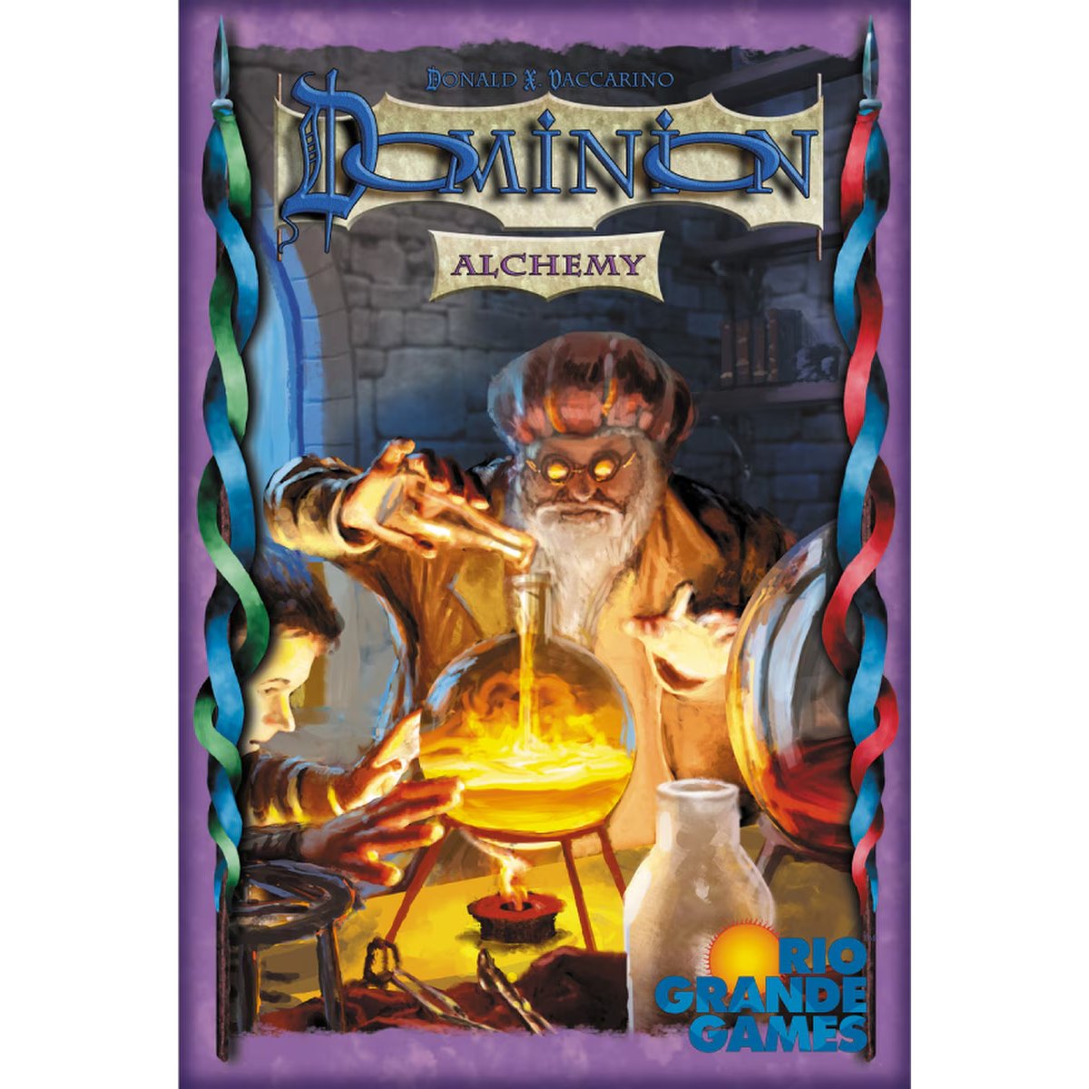 Dominion Alchemy card game expansion cover featuring an alchemist experimenting with glowing potions