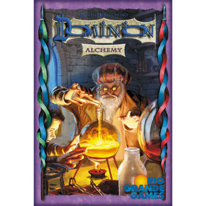 Dominion Alchemy card game expansion cover featuring an alchemist experimenting with glowing potions