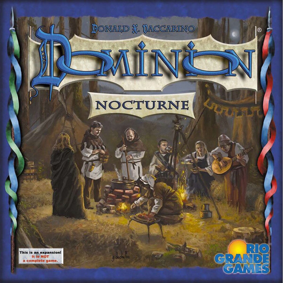 Dominion Nocturne card game expansion cover featuring a mysterious nighttime gathering with supernatural characters