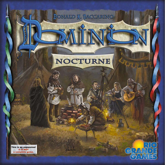 Dominion Nocturne card game expansion cover featuring a mysterious nighttime gathering with supernatural characters