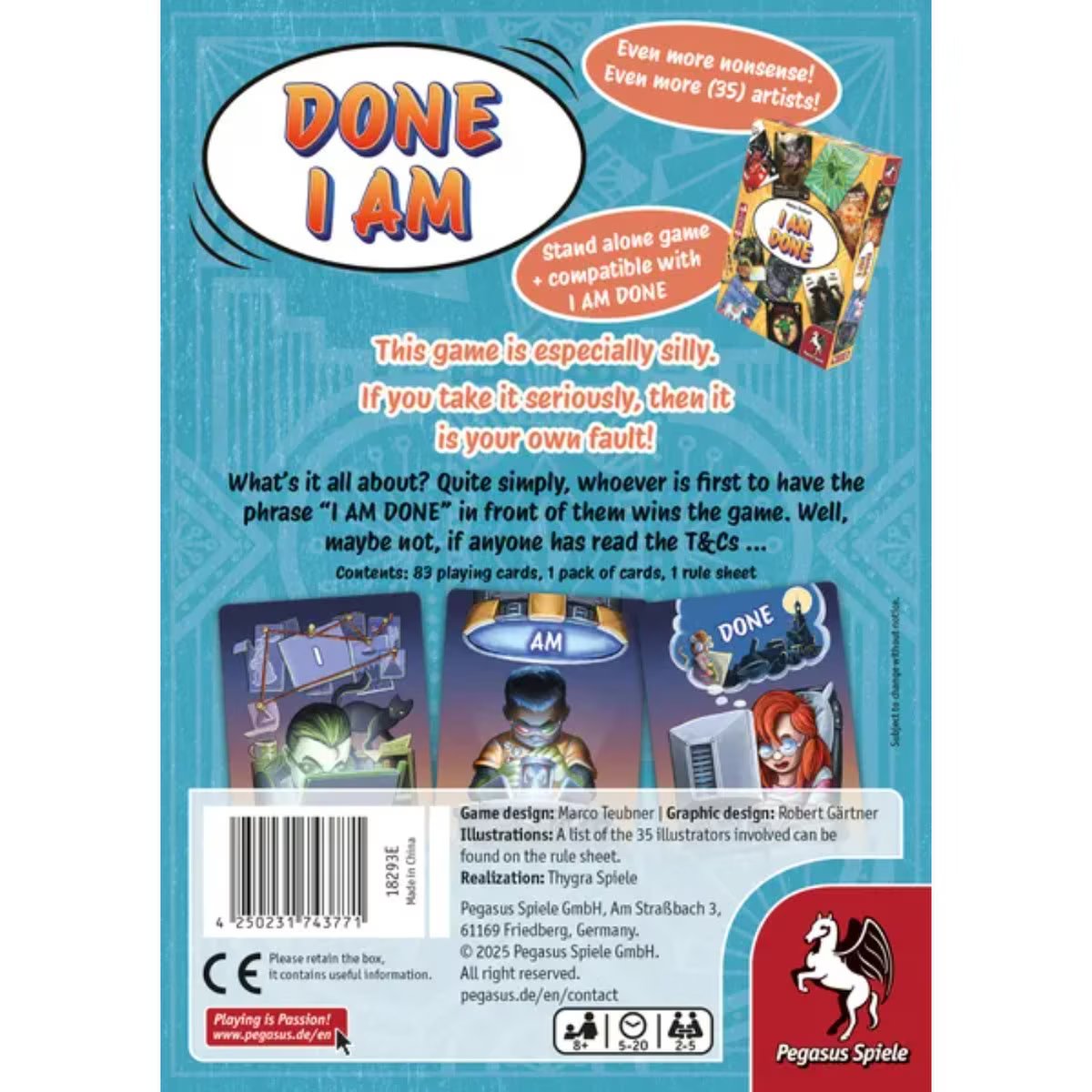 DONE I AM card game box back showing gameplay details and information