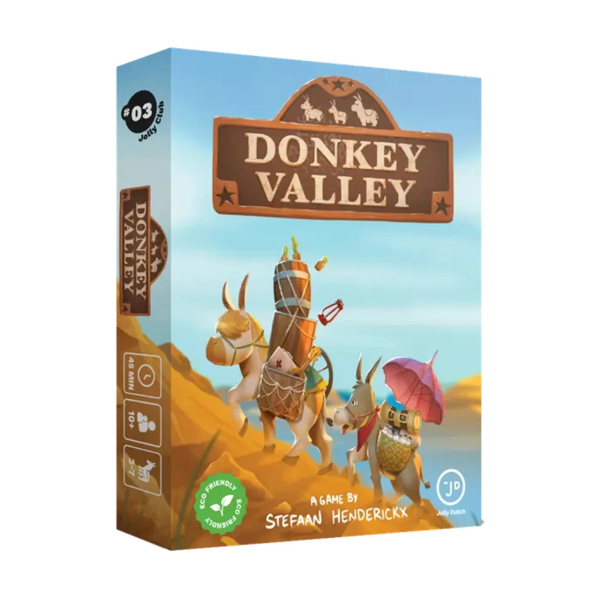 Donkey Valley Card Game box by Jolly Dutch featuring two loaded donkeys in a canyon