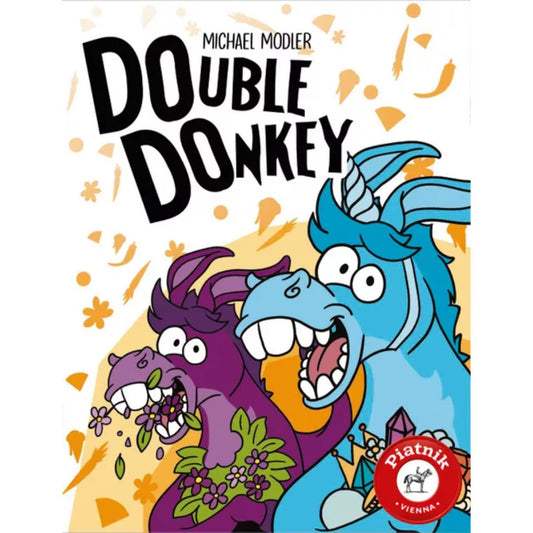 Double Donkey card and dice game box by Piatnik featuring colourful cartoon donkeys