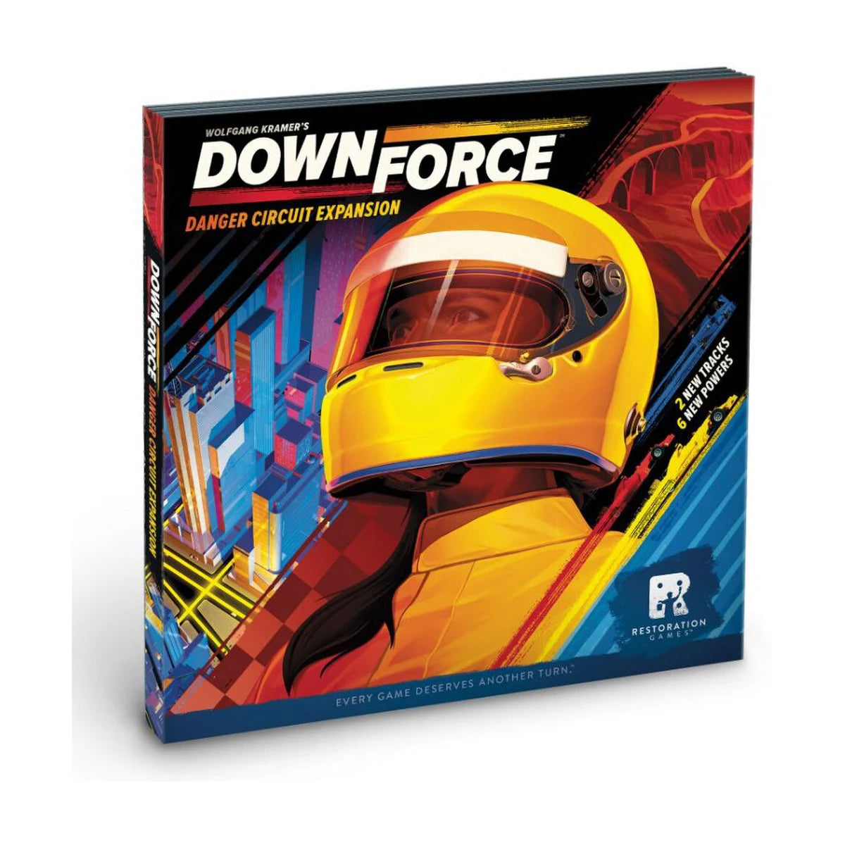 Downforce Danger Circuit Expansion box front with yellow racing helmet and bold motorsport artwork
