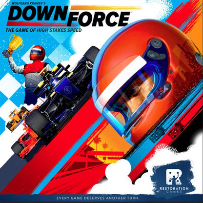 Downforce racing board game box front with Formula-style race cars, driver helmet, and bold high-speed artwork