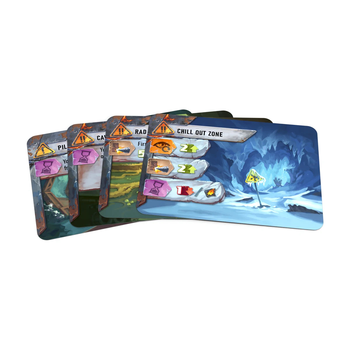 Drillers floor cards showing different mine effects and underground locations