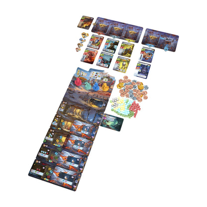 Drillers board game full setup with mine board, cards, mechs, mineral cubes and tokens