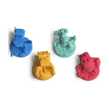 Four coloured mech miniatures included in the Drillers board game